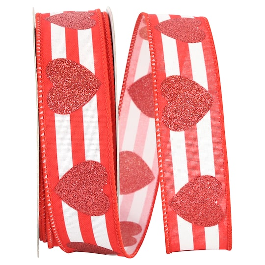 Reliant 1.5" x 20yd. Red & White Heart Glitter Stripes Wired Ribbon